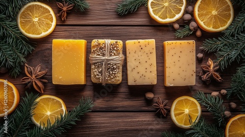 Luxurious handmade soaps arranged beautifully with fresh oranges and pine on ...