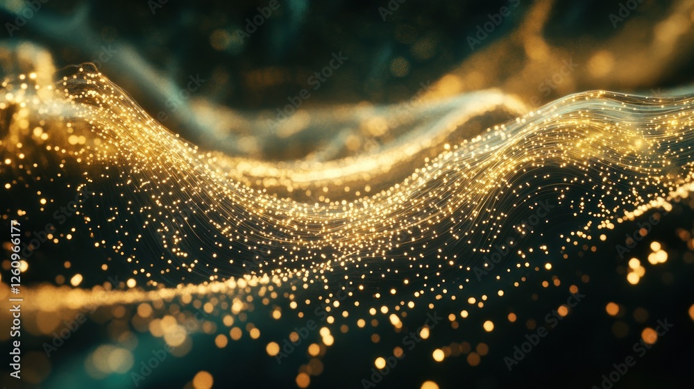 Golden particles flowing, dark background, abstract tech design Golden particles flowing, dark background, abstract tech design