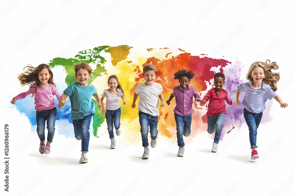 Fototapeta premium Rainbow Kids Running the World: A diverse group of happy children run joyfully against a vibrant, rainbow-colored watercolor world map background, symbolizing global unity and childhood dreams.