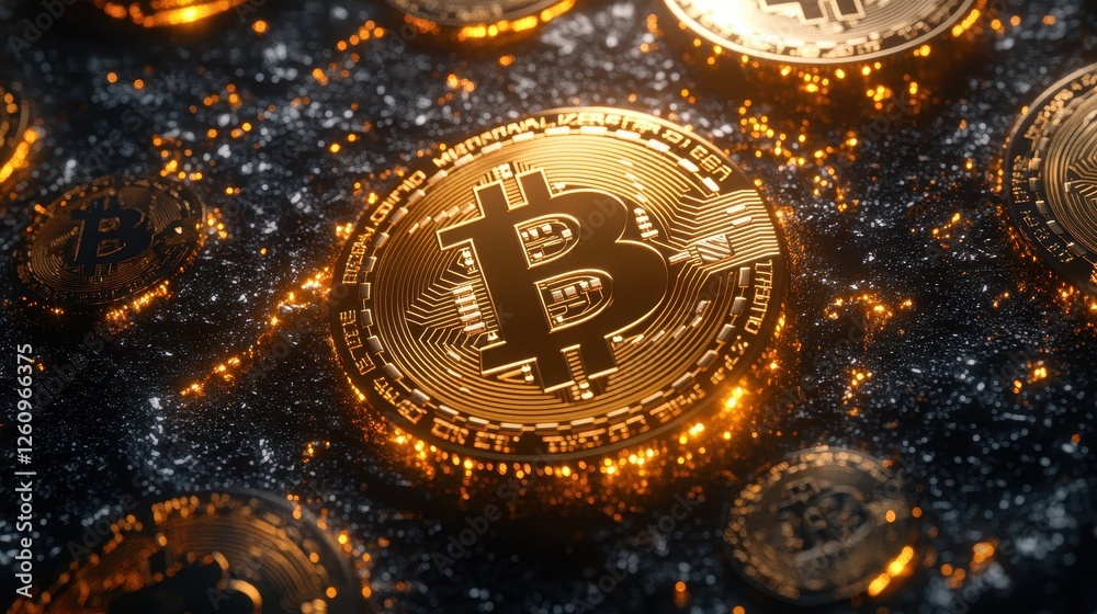 Fototapeta premium Modern crypto background with deep black shine and gold embossing