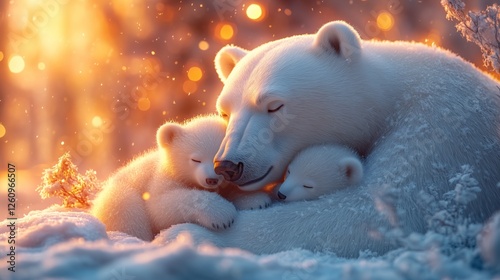 Polar bear mother cuddles with her adorable cubs in a snowy winter landscape