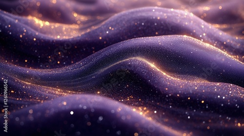 Vibrant purple waves shimmer with golden sparkles in a dreamy landscape
