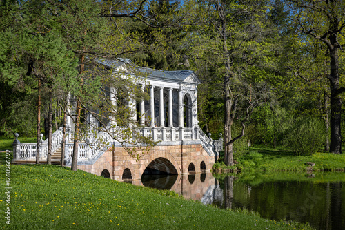 marble bridge in Catherine Park in the city of Pushkin near St. Petersburg on a clear spring morning