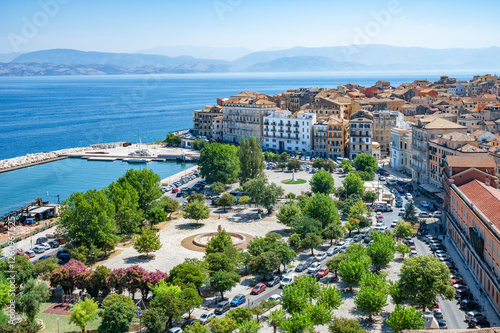 Fototapeta Naklejka Na Ścianę i Meble -  Aerial View of Old Port and Square, Corfu Town, Greece