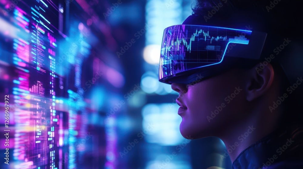High-tech analyst reviewing floating Bitcoin data on neon screens High-tech analyst reviewing floating Bitcoin data on neon screens