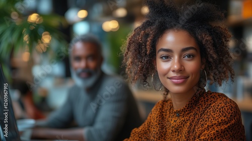 Woman with curly hair works at a modern cafe while a man relaxes in the backg...
