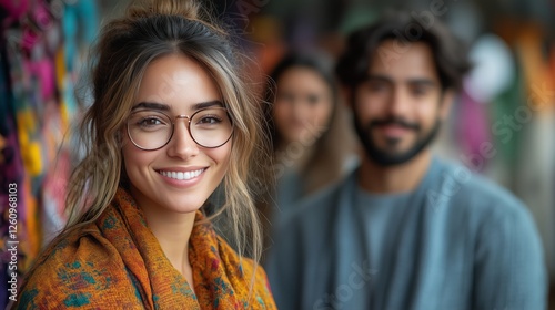 Smiling young woman wearing glasses with friends in colorful local market in ...