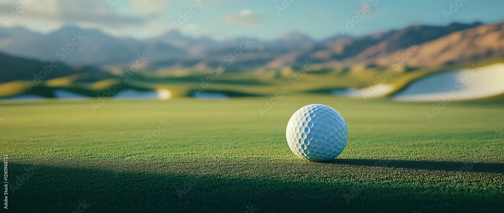 Golf Ball on Lush Green Course Scenic Mountains in Background Sports Photography Daylight Close-Up Perspective Golf Ball on Lush Green Course Scenic Mountains in Background Sports Photography Daylight Close-Up Perspective