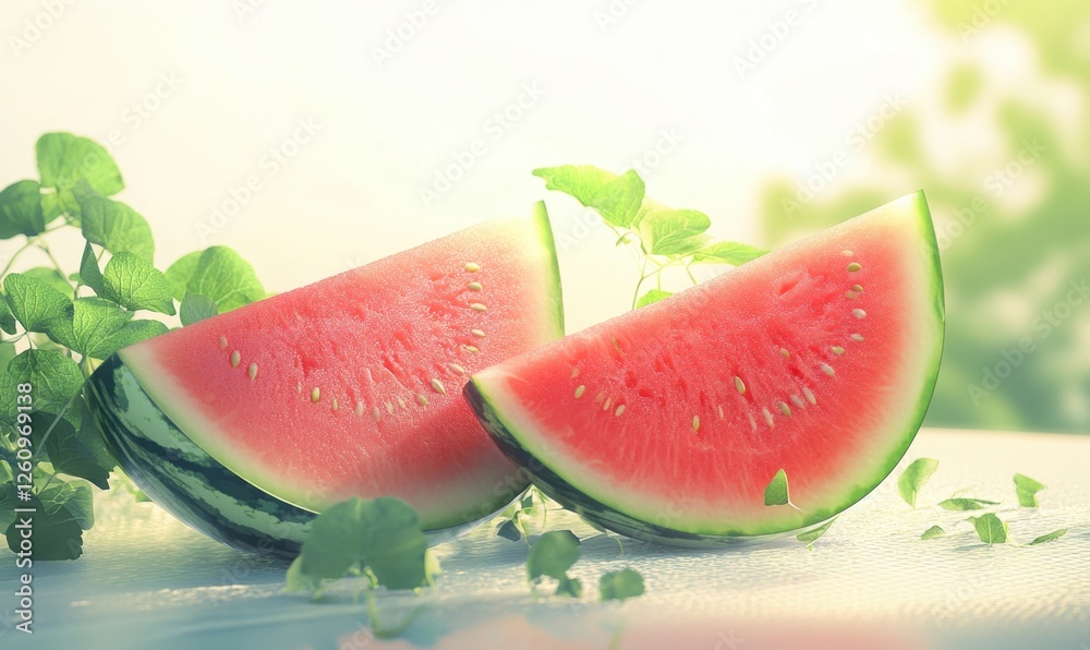 Juicy watermelon slices on table, summer garden Juicy watermelon slices on table, summer garden