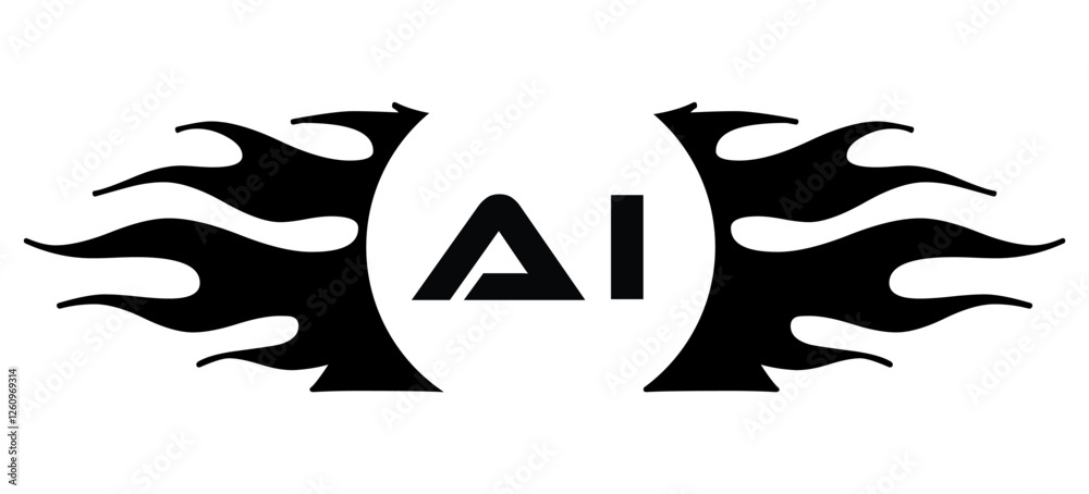 Futuristic abstract Logo with Fiery Flame Motif and Geometric 'AI' Emblem, Black and White Artwork