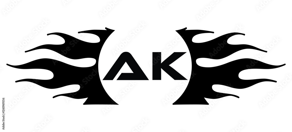 Futuristic abstract Logo with Fiery Flame Motif and Geometric 'AK' Emblem, Black and White Artwork Futuristic abstract Logo with Fiery Flame Motif and Geometric 'AK' Emblem, Black and White Artwork