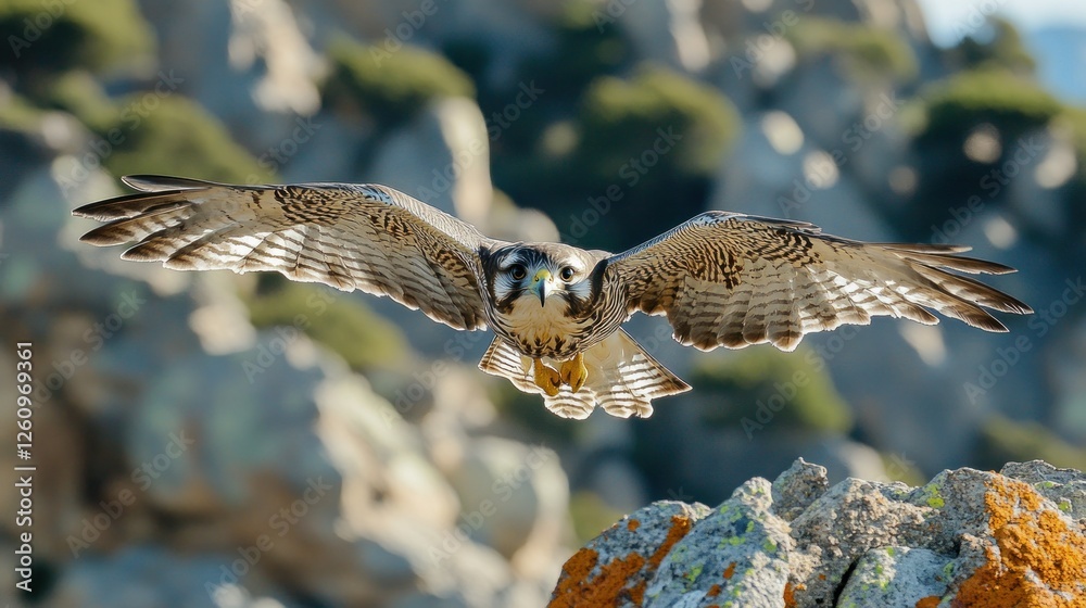 Obraz premium Falcon in flight over rocky outcrop, blurred background