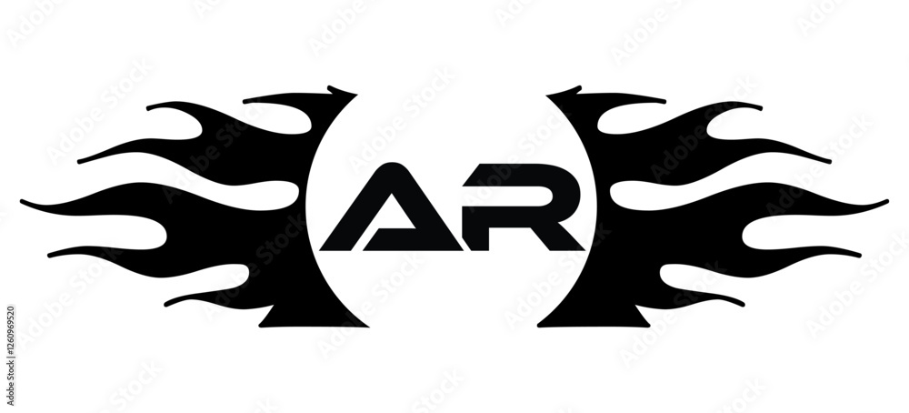 Futuristic abstract Logo with Fiery Flame Motif and Geometric 'AR' Emblem, Black and White Artwork Futuristic abstract Logo with Fiery Flame Motif and Geometric 'AR' Emblem, Black and White Artwork
