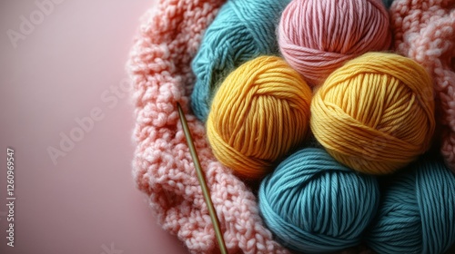 Vibrant yarn and knitting supplies arranged on a textured surface