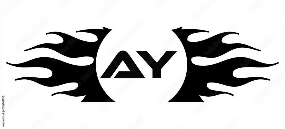Fototapeta premium Futuristic abstract Logo with Fiery Flame Motif and Geometric 'AY' Emblem, Black and White Artwork