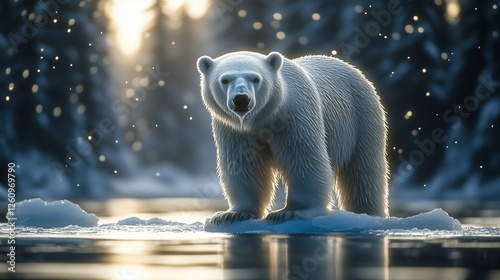 Polar bear standing on ice in a tranquil arctic landscape with soft sunlight ...