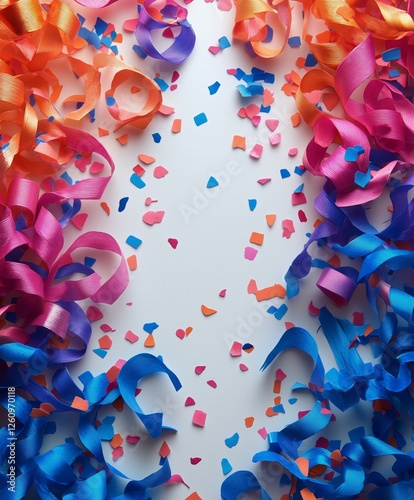 Colorful ribbons and confetti create a festive backdrop for celebrations and ...