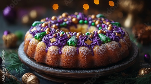 Colorful king cake surrounded by festive ornaments at a vibrant celebration