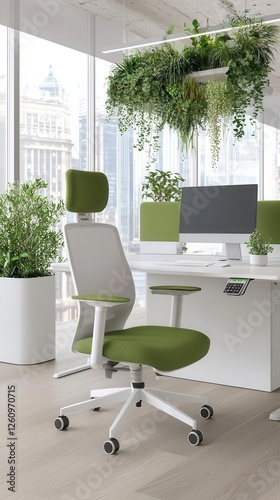 Modern office setup with ergonomic chair and green plants.