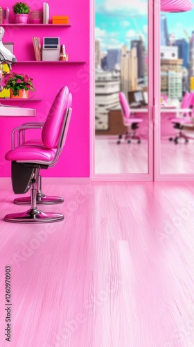 Modern pink interior design with stylish furniture and city view.
