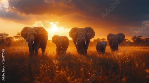 Elephants walking through golden grass during sunset in a serene landscape