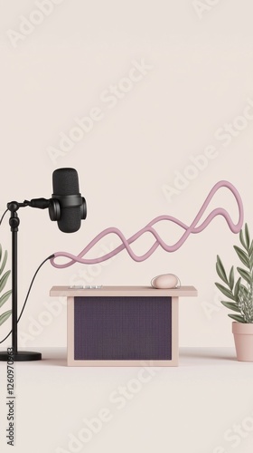 Modern workspace setup featuring microphone and sound wave decor.