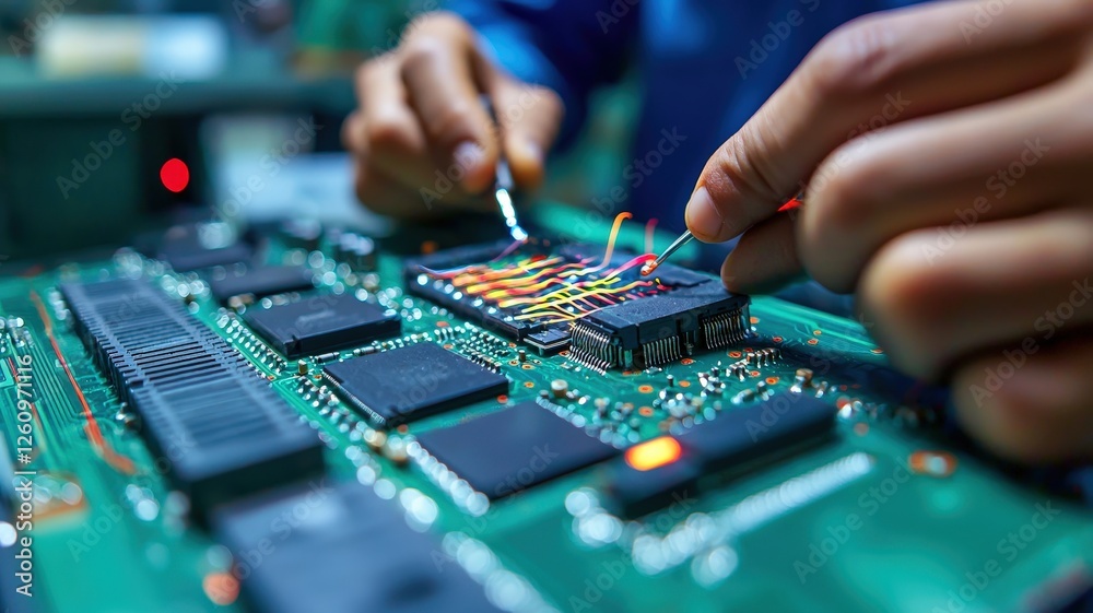 A technician is soldering components on a green circuit board, showcasing intricate electronic work and precision. A technician is soldering components on a green circuit board, showcasing intricate electronic work and precision.
