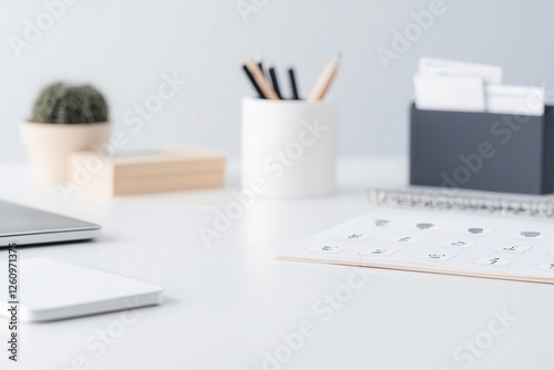 Modern workspace with laptop, calendar, and stationery items.
