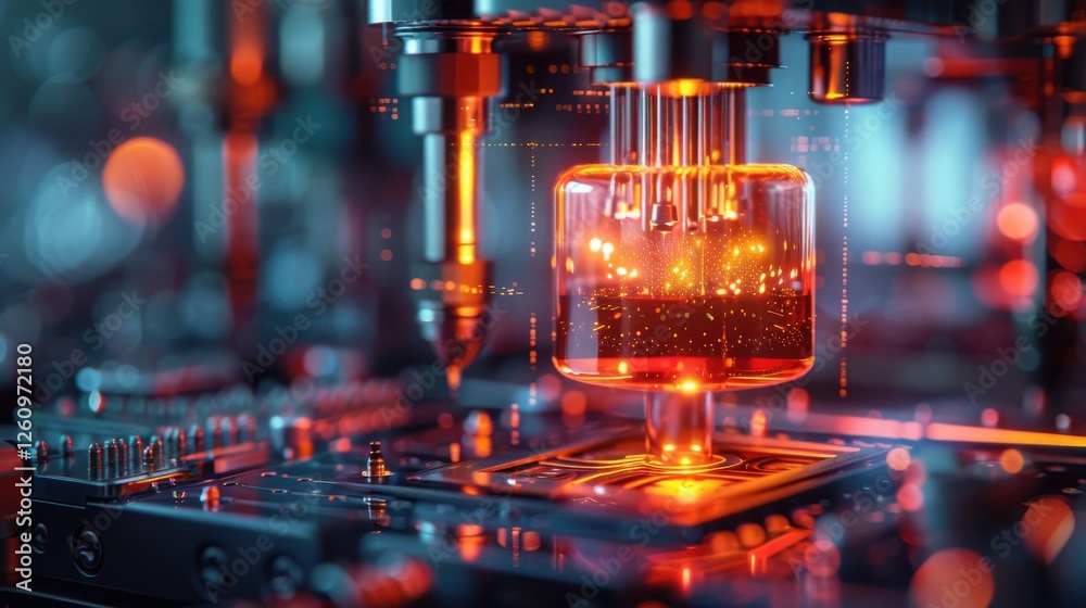 Abstract representation of cutting-edge technology featuring illuminated circuit board and advanced electronic components in a futuristic setting. Abstract representation of cutting-edge technology featuring illuminated circuit board and advanced electronic components in a futuristic setting.