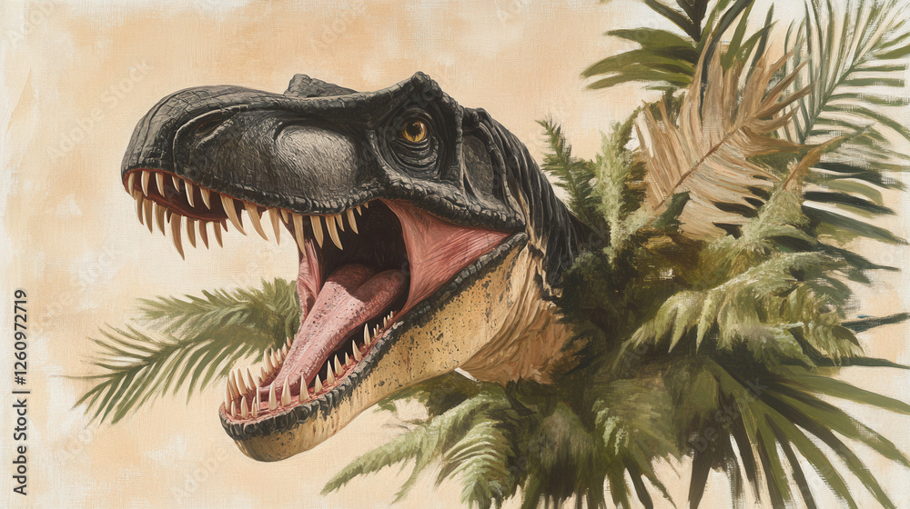 Naklejka premium Realistic dinosaur roaring in jungle setting
