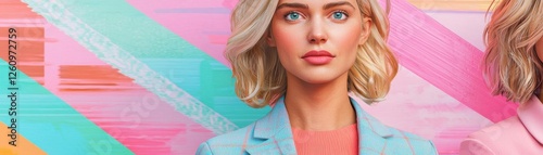 Stylish woman posing with vibrant background artwork.