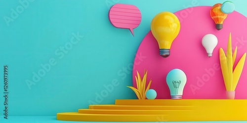 Vibrant display of light bulbs and speech bubbles on colorful backdrop.