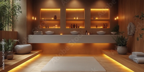 Relaxing spa interior with warm lighting and natural decor for wellness exper...