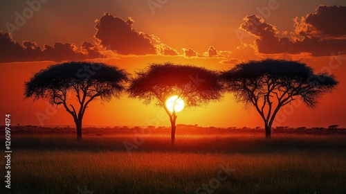 Sunset over savanna with acacia trees silhouetted against a colorful sky