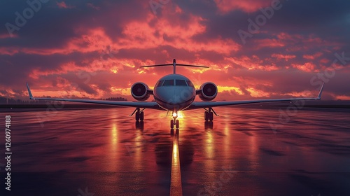 Jet parked on runway with colorful sunset sky in background