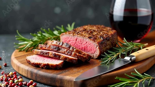 a dish of meat. On a wooden cutting board there is a piece of fried meat, cut into several slices.