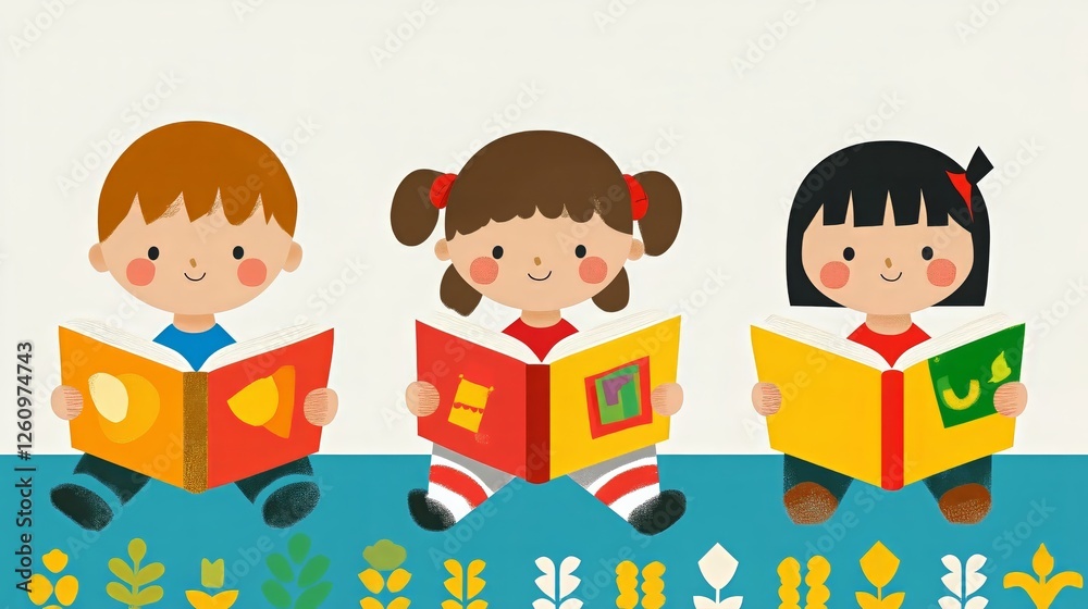 Children reading together with smiling faces and colorful books Children reading together with smiling faces and colorful books