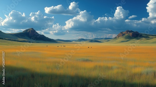 Expansive grassland under bright sun and scattered clouds at midday