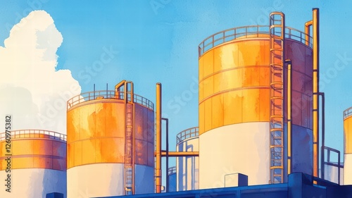 The image features large, cylindrical storage tanks against a bright blue sky, showcasing industrial infrastructure with a modern design.