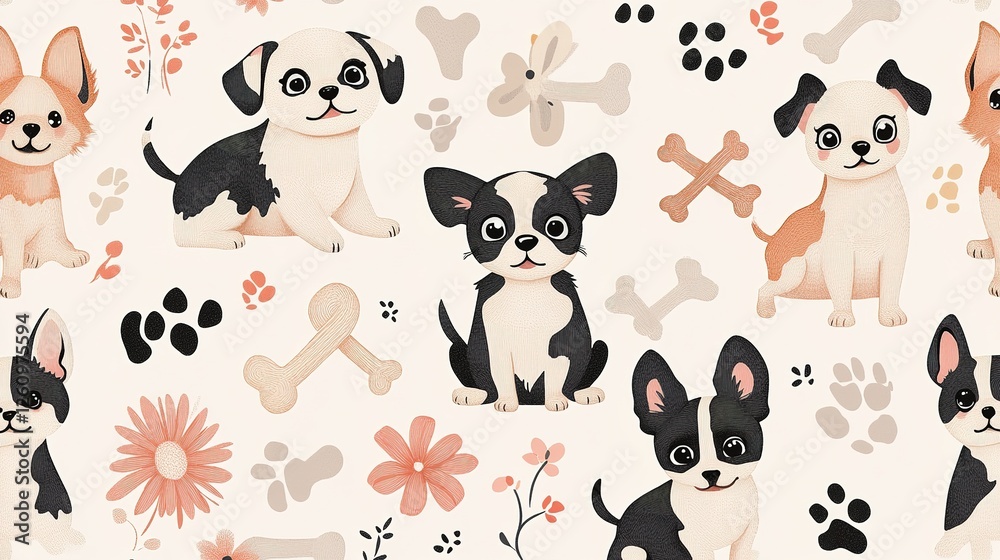 Adorable Cartoon Dogs Pattern with Flowers and Bones Adorable Cartoon Dogs Pattern with Flowers and Bones