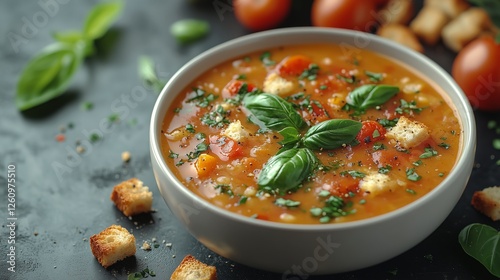 Fresh vegetable soup garnished with basil and croutons served in a white bowl...