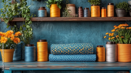 Bright sewing supplies and plants arranged on a blue wooden shelf in a creati...