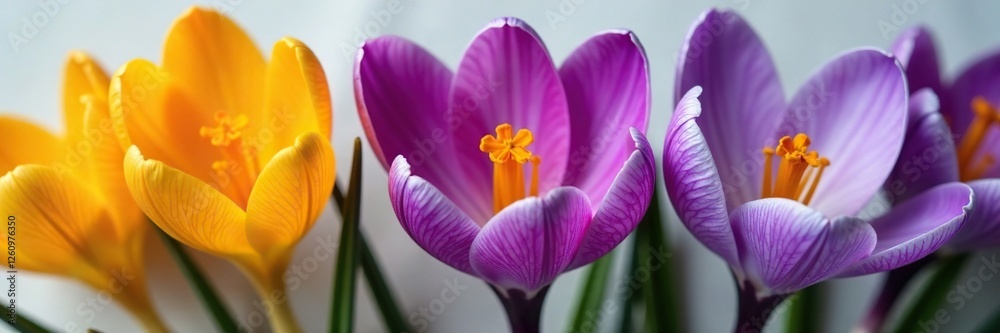 Three crocus flowers with saffron stamens in a botanical arrangement, arrangement, saffron, floral Three crocus flowers with saffron stamens in a botanical arrangement, arrangement, saffron, floral
