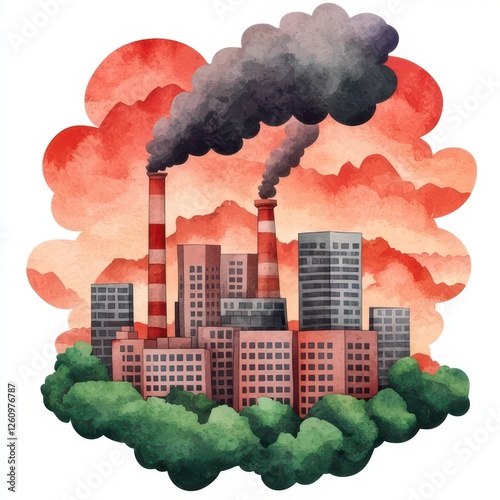 A factory emits dark smoke against a backdrop of red clouds, illustrating industrial pollution and environmental concerns.