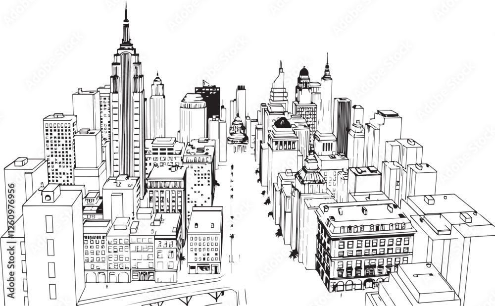 Obraz premium City landscape. Line urban backdrop. Different buildings on street, outline cityscape hand sketch, flat houses. Hand drawn vector illustration