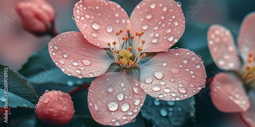Pink flower with droplets glistening after rain in a lush garden setting duri...