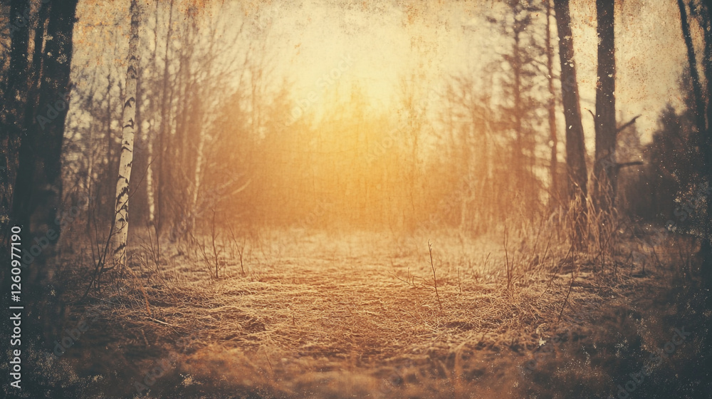 Fototapeta premium Golden Hour Forest Path Tranquil Winter Scene Nature Background fall trees woods birch light brown 