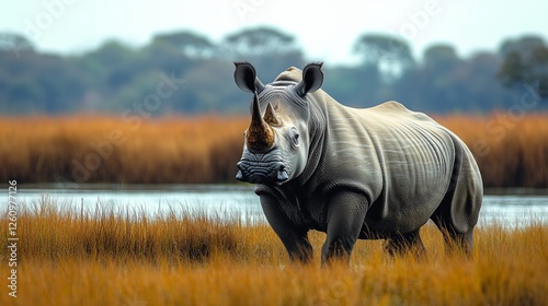 Rhino walking through golden grassland during sunset in a serene landscape