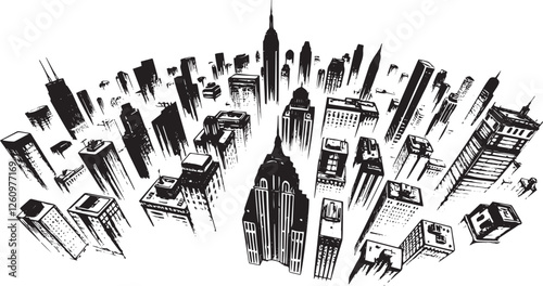 City landscape. Line urban backdrop. Different buildings on street, outline cityscape hand sketch, flat houses. Hand drawn vector illustration