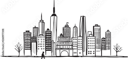 City landscape. Line urban backdrop. Different buildings on street, outline cityscape hand sketch, flat houses. Hand drawn vector illustration